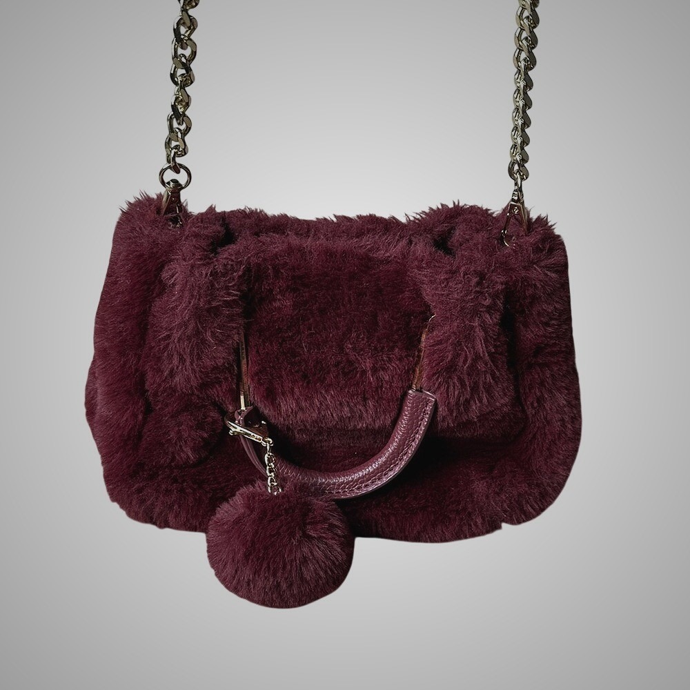 Isaac Mizrahi Burgundy Faux Fur Pom Pom‎ Handbag Chain Shoulder Bag